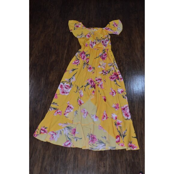 Indulge Instyle Yellow Pink Floral Cold Shoulder Maxi Dress Ruffles Women's Size - Picture 1 of 6